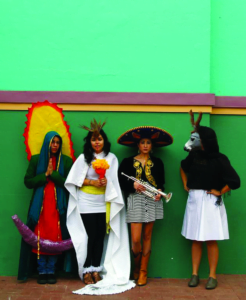 “Detail from Becoming the Spectacle: The Virgen de Guadalupe, Aztec Goddess, the Mariachi, and the Donkey Lady, 2011” by Más Rudas